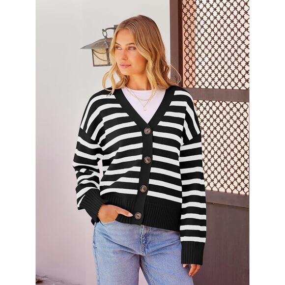 MEROKEETY Women's 2024 Long Sleeve Fall Cardigan Sweaters Striped Button Down - Picture 5 of 6